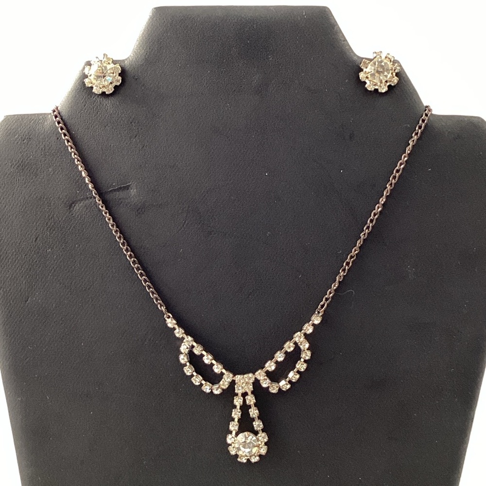 Vtg Rhinestone Jewelry Set Necklace & Screw Back Earrings Wedding Prom Stunning